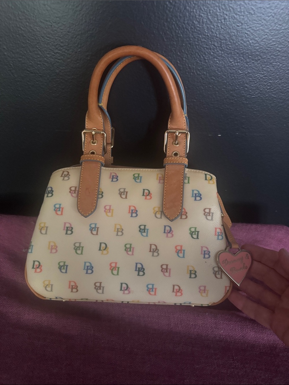 Dooney & Bourke Cream Satchel with Multicolor DB Logos and Tan Trim - Picture 2 of 4